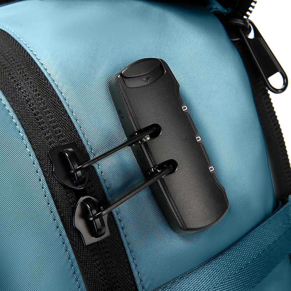 Mochila The 3 Way Pack de Bange Perú para viajes, color azul y candado con clave