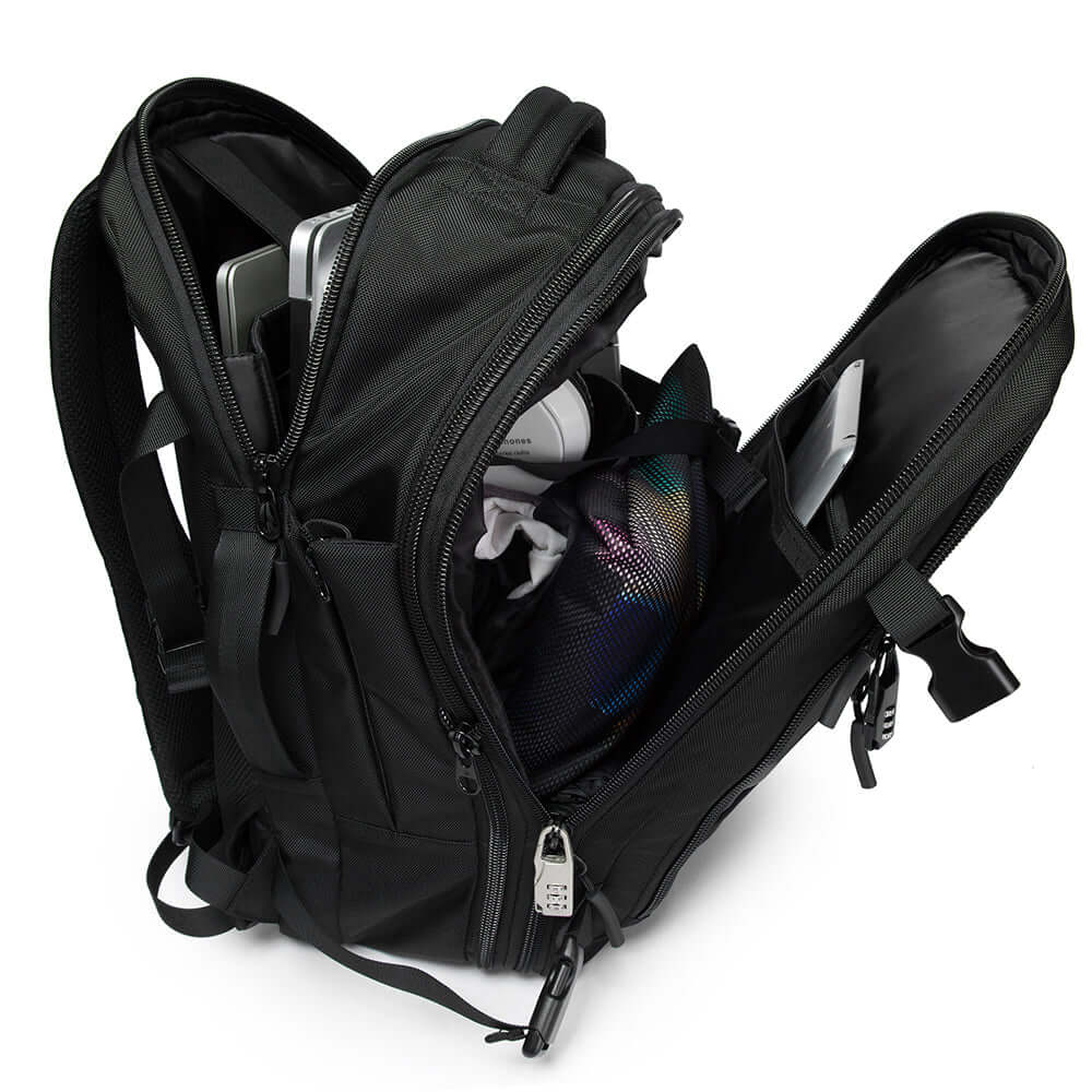 Mochila The Journeypack de Bange Perú para viajes, color negro y múltiples compartimentos