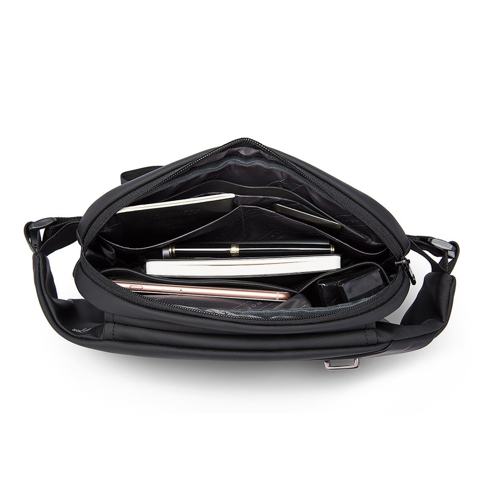 Pechera The Sling Bag de Bange Perú para viajes, color negro y compartimentos secretos